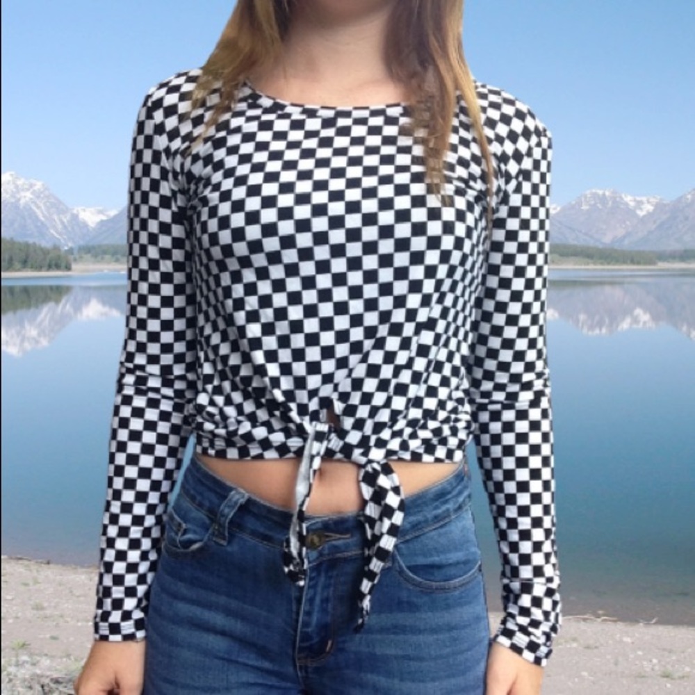 Checkered long sleeve tie up shirt